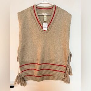 Free People Beige Sweater Vest with Red Stripe Accents